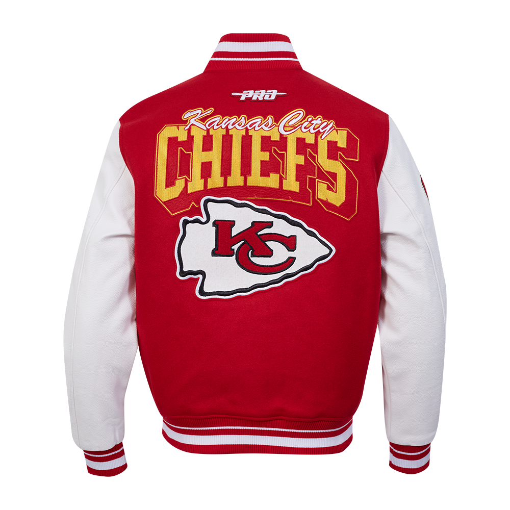 NFL KANSAS CITY CHIEFS TEAM BADGE BLOUSON COLLÉGIAL EN LAINE À BORDS CÔTELÉS POUR HOMME (ROUGE/BLANC)