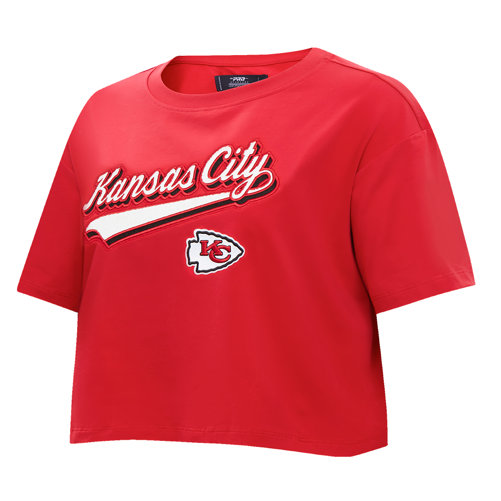 NFL KANSAS CITY CHIEFS SCRIPT TAIL WOMEN'S SINGLE JERSEY BOXY TEE (RED)