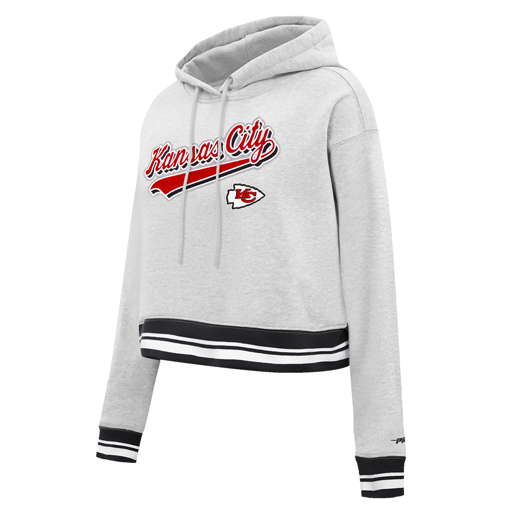 NFL KANSAS CITY CHIEFS SCRIPT TAIL WOMEN'S RIB FLEECE CROPPED PULLOVER HOODIE (HEATHER GRAY/BLACK)
