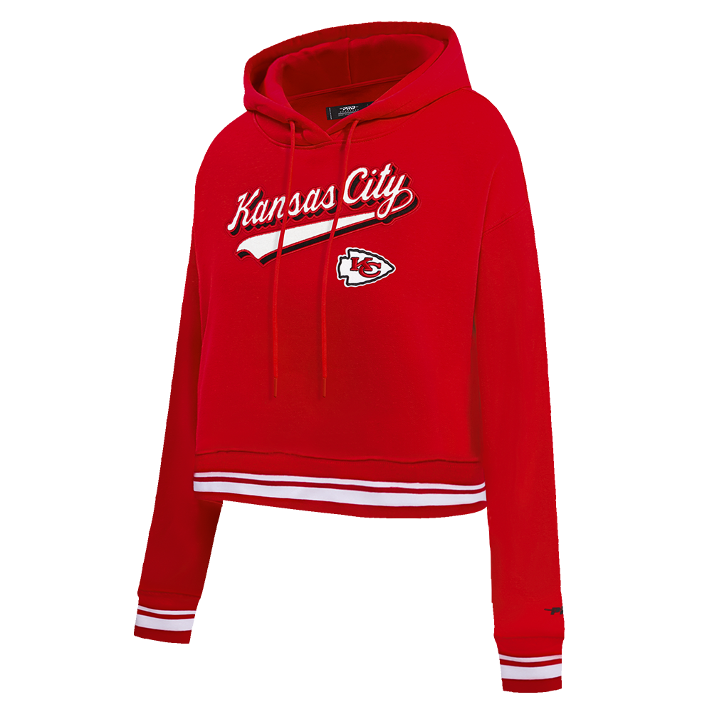 NFL KANSAS CITY CHIEFS SCRIPT TAIL WOMEN'S RIB FLEECE CROPPED PULLOVER HOODIE (RED)
