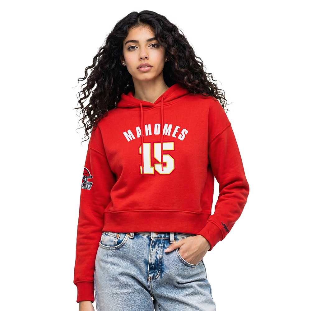 NFL KANSAS CITY CHIEFS PATRICK MAHOMES #15 CLASSIC PNN CHANDAIL À CAPUCHON COURT EN MOLLETON POUR FEMME (ROUGE)
