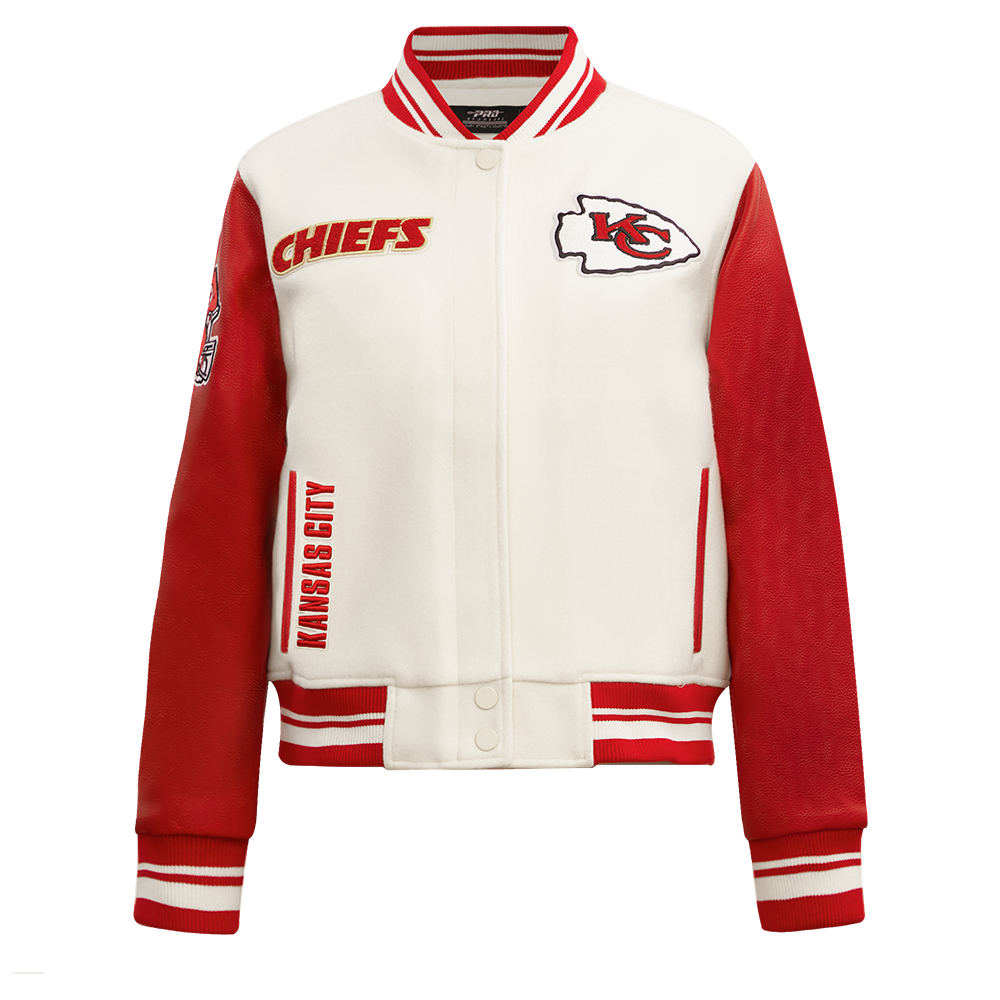NFL KANSAS CITY CHIEFS RETRO CLASSIC WOMEN'S RIB WOOL VARSITY JACKET (EGGSHELL/ RED)