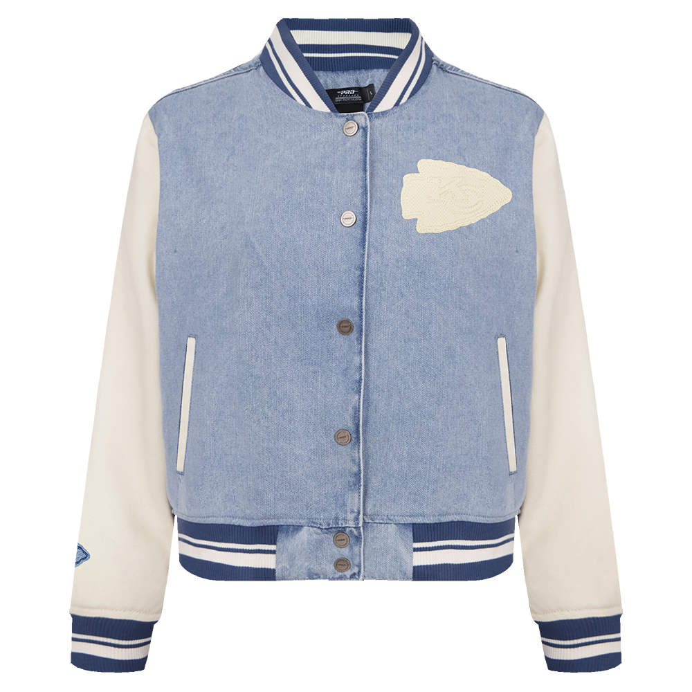 NFL KANSAS CITY CHIEFS VARSITY BLUES WOMEN'S DENIM VARSITY JACKET (DENIM/LINEN)