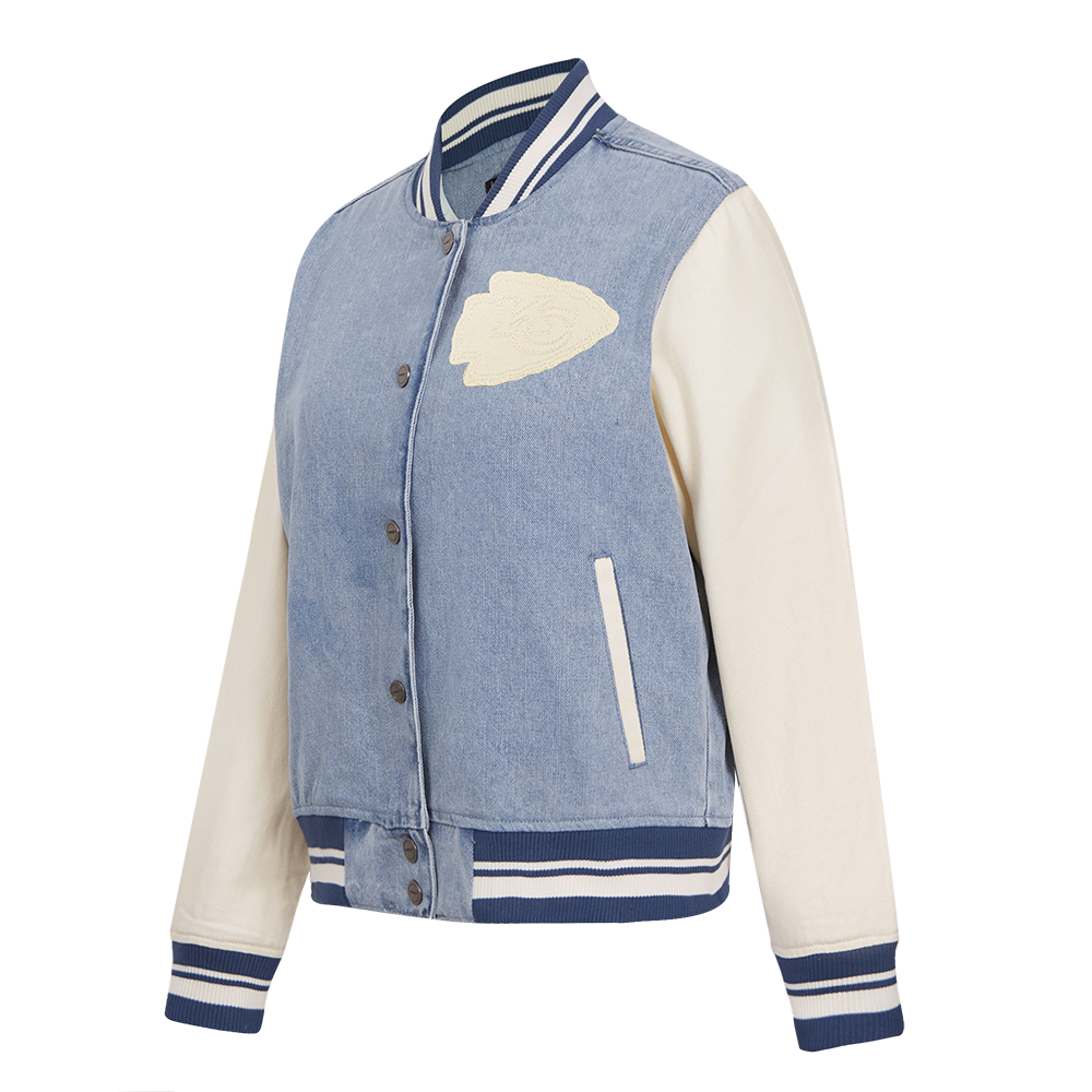 NFL KANSAS CITY CHIEFS VARSITY BLUES WOMEN'S DENIM VARSITY JACKET (DENIM/LINEN)