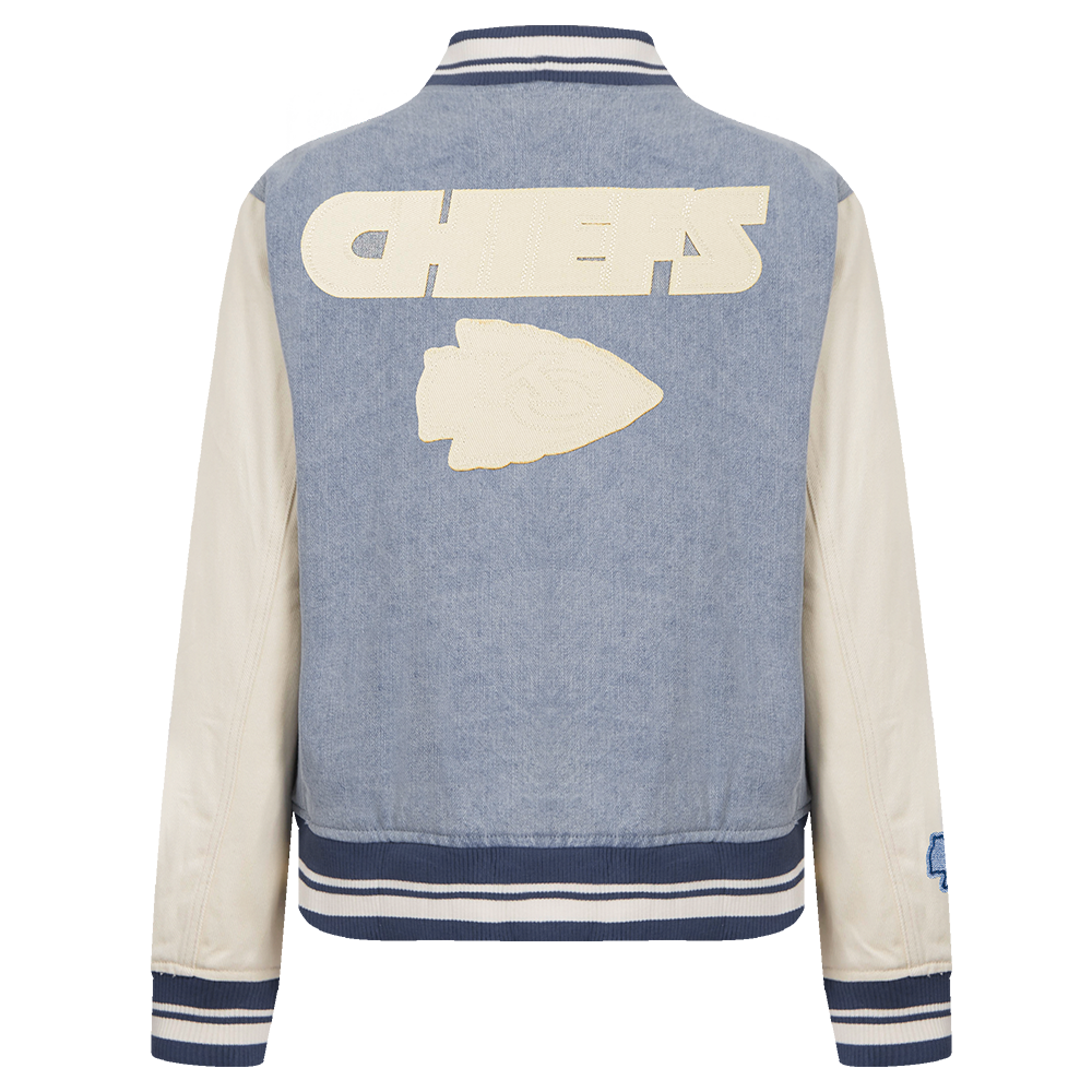 NFL KANSAS CITY CHIEFS VARSITY BLUES WOMEN'S DENIM VARSITY JACKET (DENIM/LINEN)