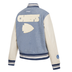 NFL KANSAS CITY CHIEFS VARSITY BLUES WOMEN'S DENIM VARSITY JACKET (DENIM/LINEN)