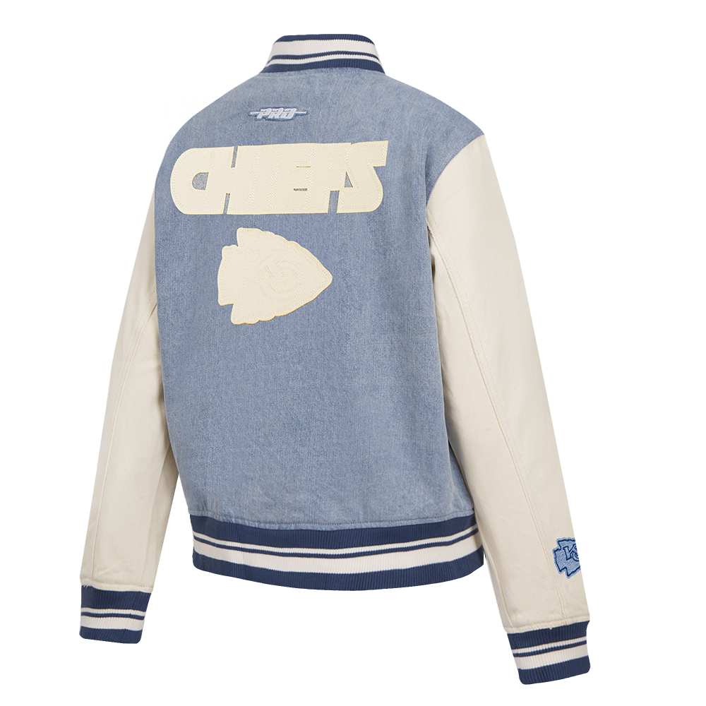 NFL KANSAS CITY CHIEFS VARSITY BLUES WOMEN'S DENIM VARSITY JACKET (DENIM/LINEN)