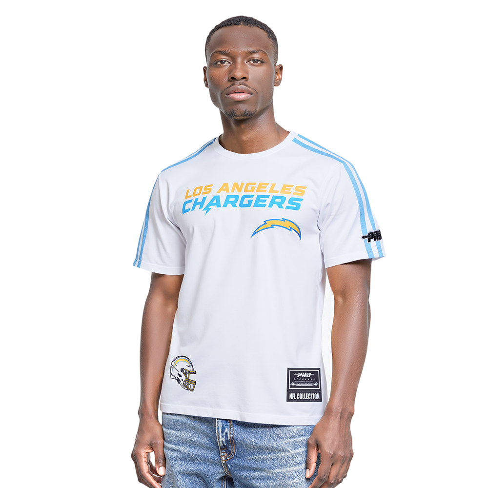 NFL LOS ANGELES CHARGERS CLASSIC MESH T-SHIRT EN JERSEY SIMPLE À RAYURES POUR HOMME (BLANC/BLEU UNIVERSITÉ)
