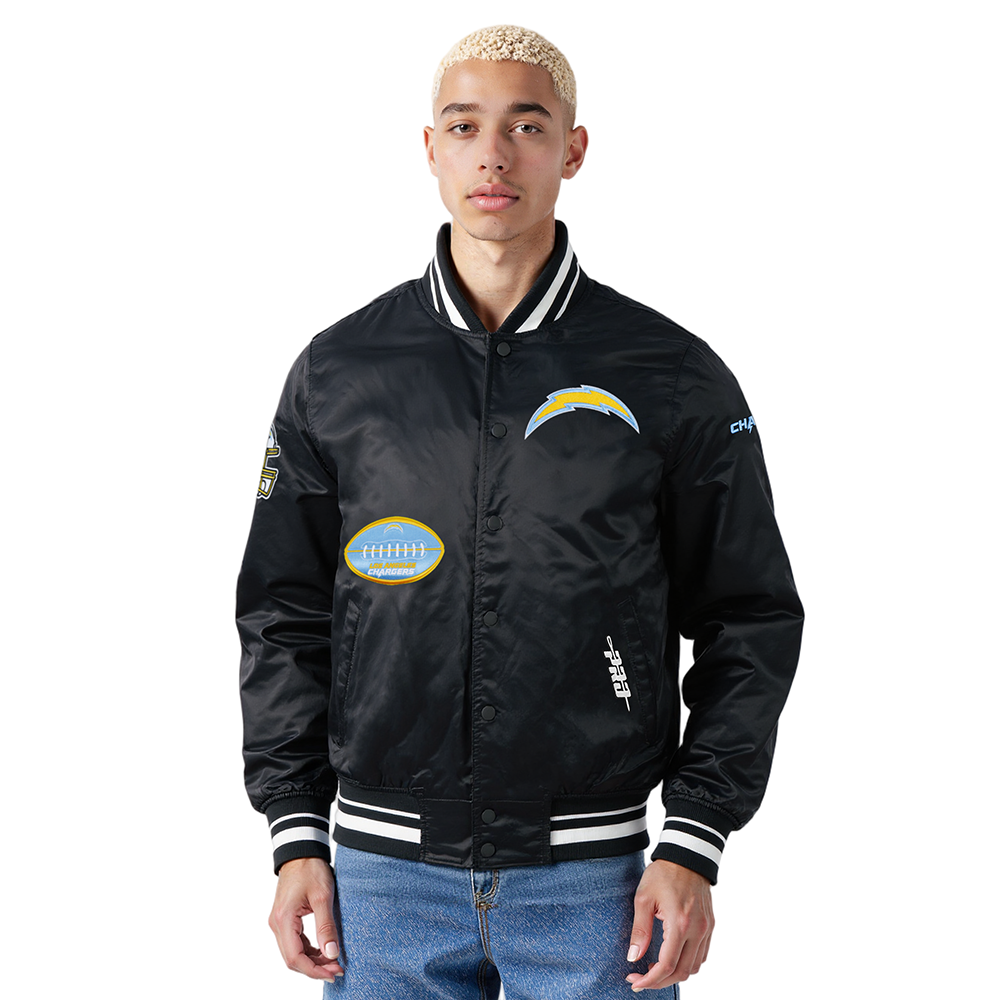 NFL LOS ANGELES CHARGERS OLD ENGLISH BLOUSON EN SATIN À BORDS CÔTELÉS POUR HOMME (NOIR)