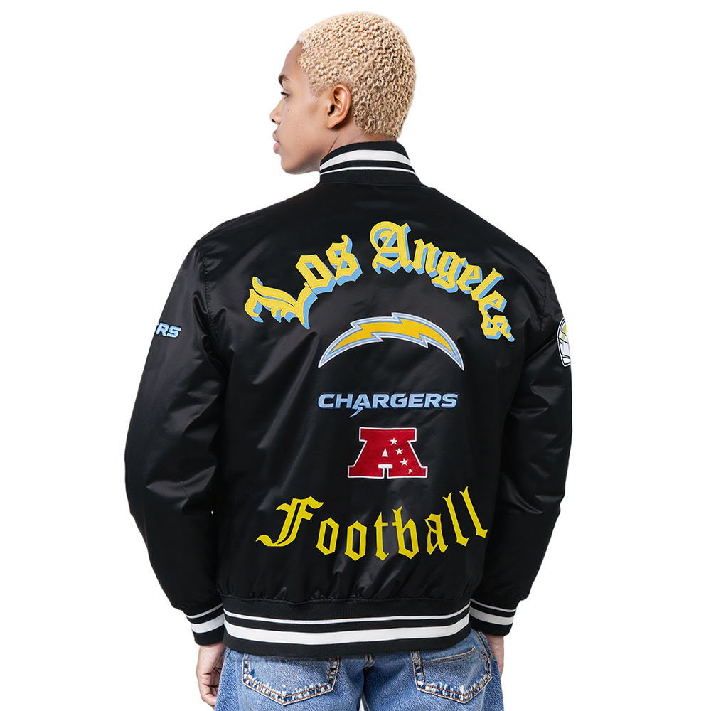 NFL LOS ANGELES CHARGERS OLD ENGLISH BLOUSON EN SATIN À BORDS CÔTELÉS POUR HOMME (NOIR)