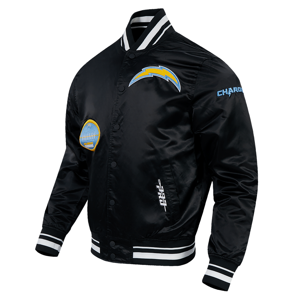NFL LOS ANGELES CHARGERS OLD ENGLISH BLOUSON EN SATIN À BORDS CÔTELÉS POUR HOMME (NOIR)