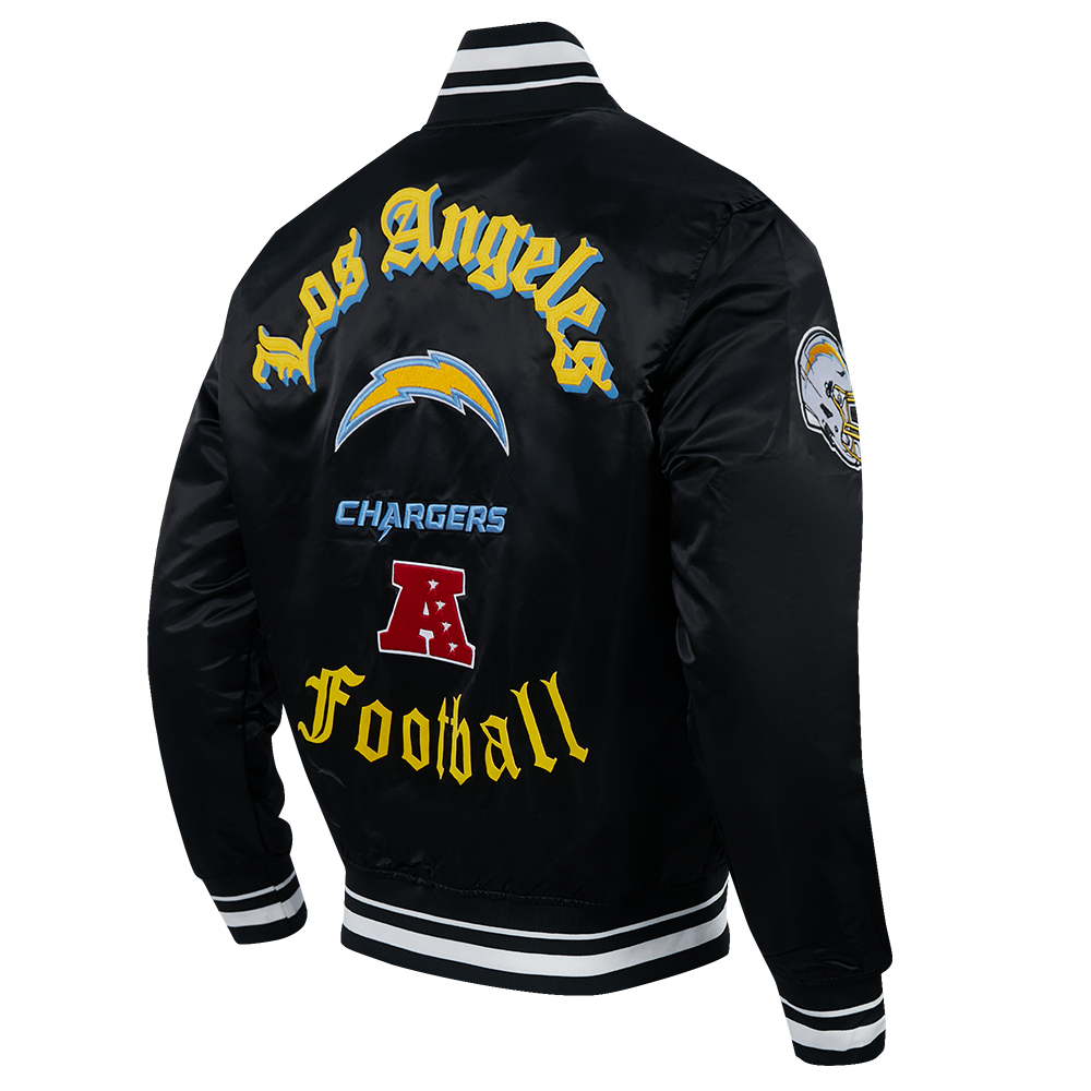 NFL LOS ANGELES CHARGERS OLD ENGLISH BLOUSON EN SATIN À BORDS CÔTELÉS POUR HOMME (NOIR)