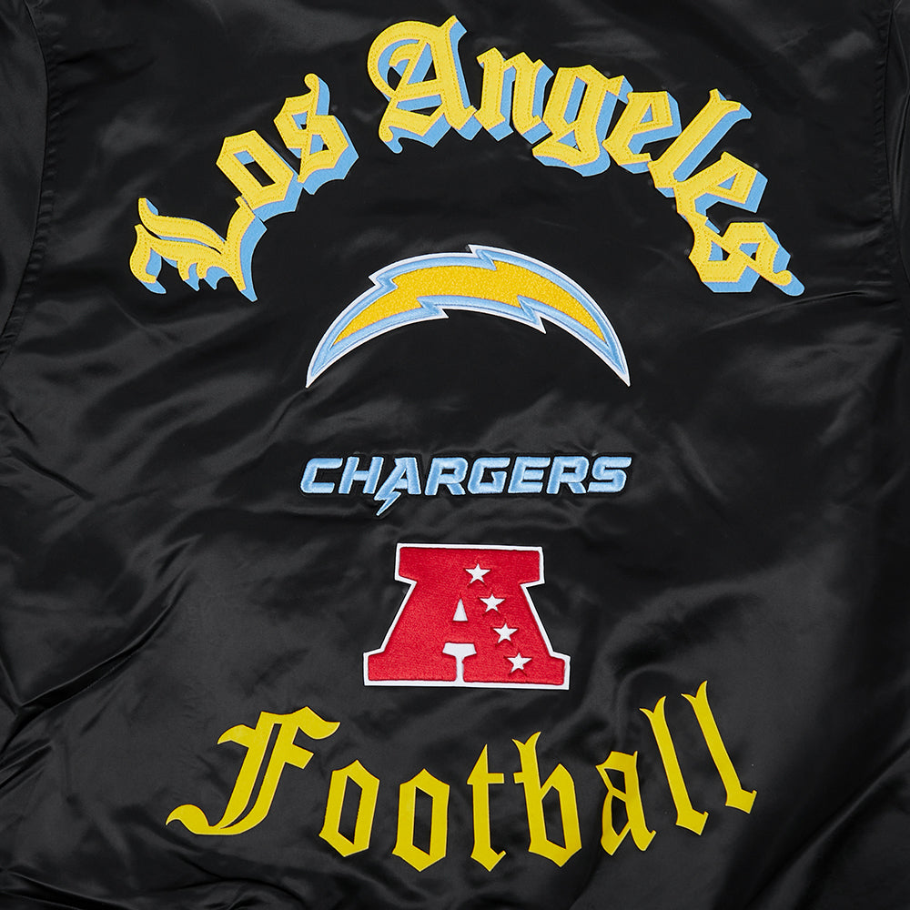 NFL LOS ANGELES CHARGERS OLD ENGLISH BLOUSON EN SATIN À BORDS CÔTELÉS POUR HOMME (NOIR)