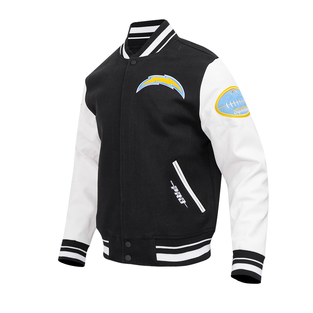 NFL LOS ANGELES CHARGERS OLD ENGLISH BLOUSON COLLÉGIAL EN LAINE À BORDS CÔTELÉS POUR HOMME (NOIR/BLANC)