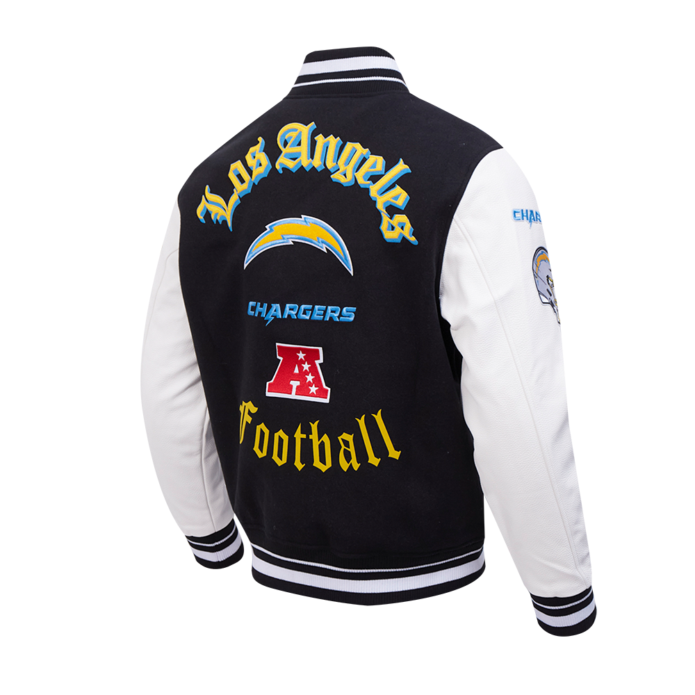 NFL LOS ANGELES CHARGERS OLD ENGLISH BLOUSON COLLÉGIAL EN LAINE À BORDS CÔTELÉS POUR HOMME (NOIR/BLANC)