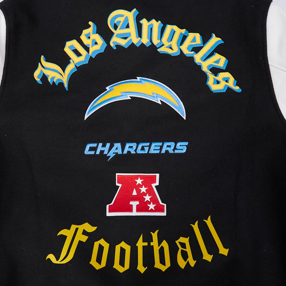 NFL LOS ANGELES CHARGERS OLD ENGLISH BLOUSON COLLÉGIAL EN LAINE À BORDS CÔTELÉS POUR HOMME (NOIR/BLANC)