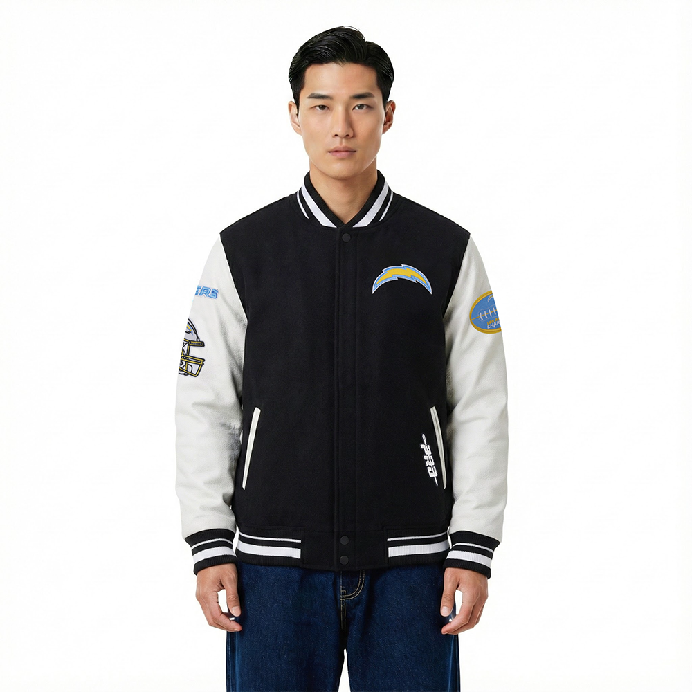 NFL LOS ANGELES CHARGERS OLD ENGLISH BLOUSON COLLÉGIAL EN LAINE À BORDS CÔTELÉS POUR HOMME (NOIR/BLANC)