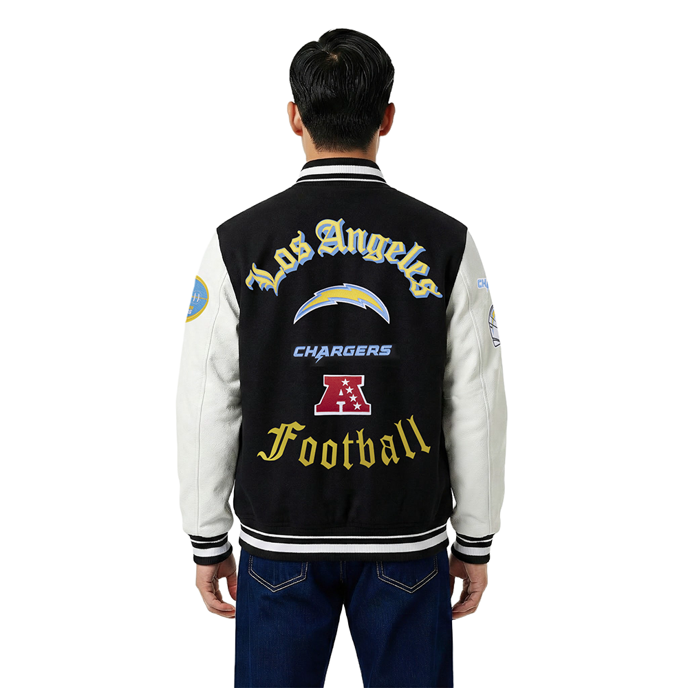 NFL LOS ANGELES CHARGERS OLD ENGLISH BLOUSON COLLÉGIAL EN LAINE À BORDS CÔTELÉS POUR HOMME (NOIR/BLANC)