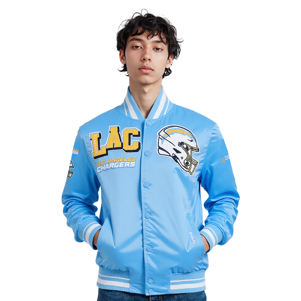 NFL LOS ANGELES CHARGERS MASH UP BLOUSON EN SATIN À BORDS CÔTELÉS POUR HOMME (BLEU UNIVERSITÉ)