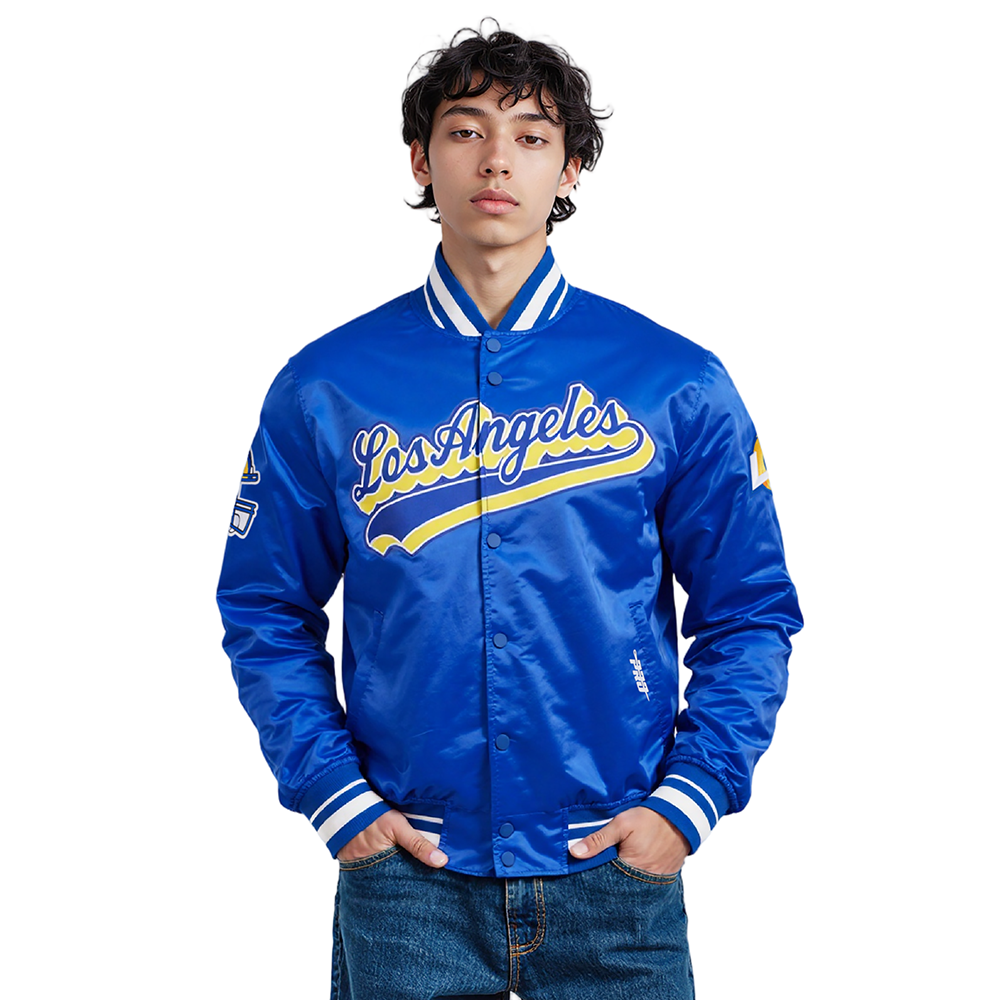 NFL LOS ANGELES RAMS SCRIPT TAIL MEN'S SATIN JACKET (ROYAL BLUE)