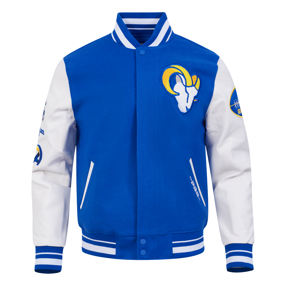 NFL LOS ANGELES RAMS OLD ENGLISH MEN'S RIB WOOL VARSITY JACKET (ROYAL BLUE/WHITE)
