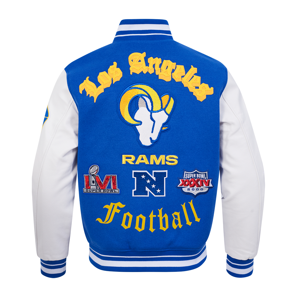 NFL LOS ANGELES RAMS OLD ENGLISH MEN'S RIB WOOL VARSITY JACKET (ROYAL BLUE/WHITE)
