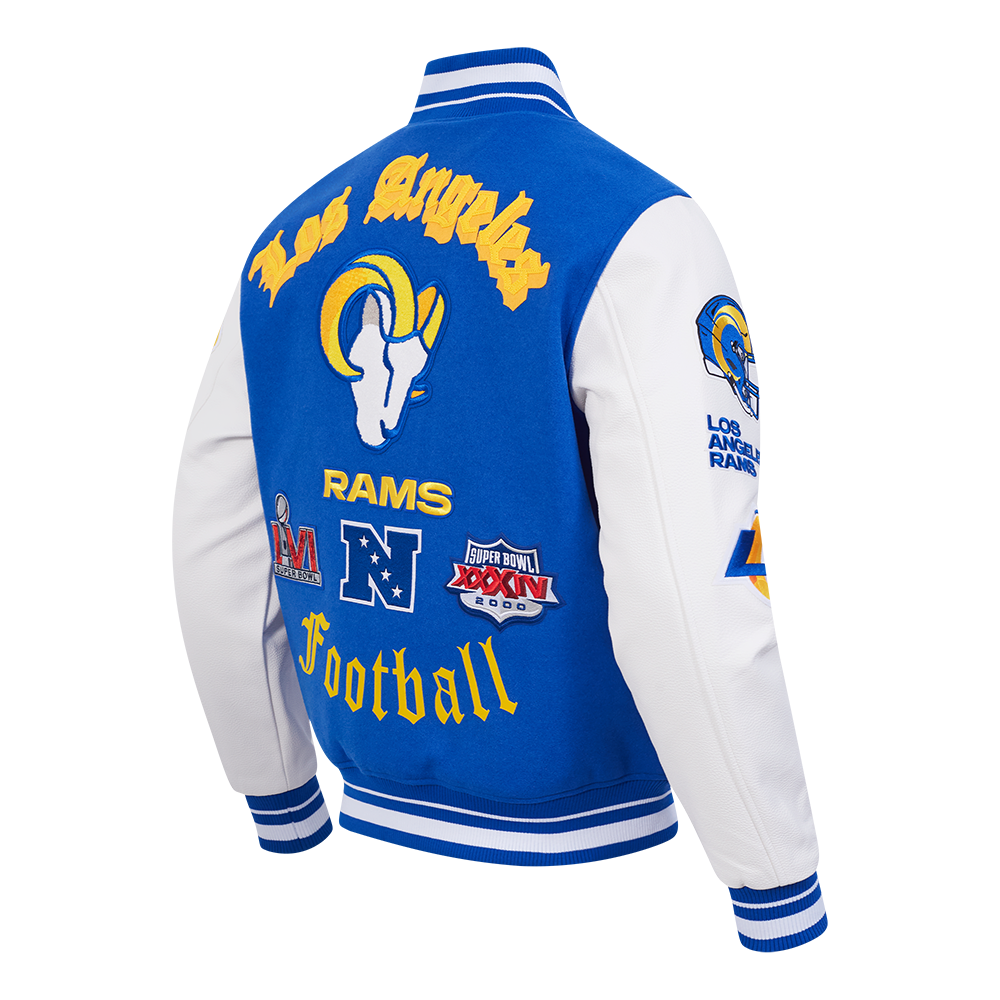 NFL LOS ANGELES RAMS OLD ENGLISH MEN'S RIB WOOL VARSITY JACKET (ROYAL BLUE/WHITE)