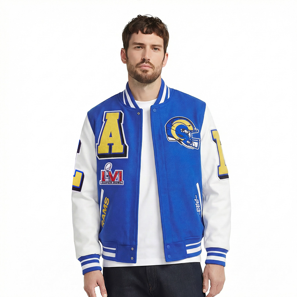NFL LOS ANGELES RAMS MASH UP MEN'S RIB WOOL VARSITY JACKET (ROYAL BLUE/WHITE)