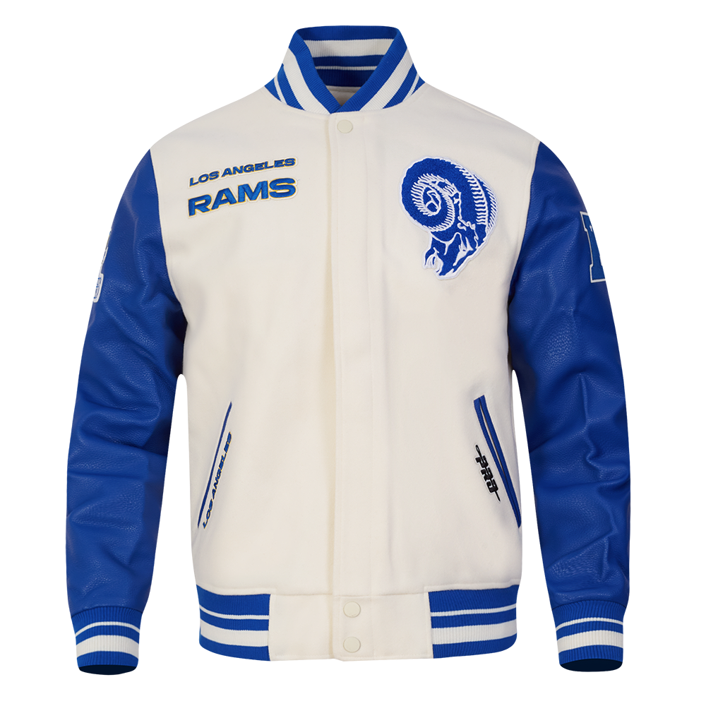 NFL LOS ANGELES RAMS RETRO CLASSIC MEN'S RIB WOOL VARSITY JACKET (EGGSHELL/ROYAL BLUE)