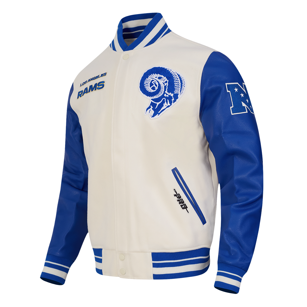 NFL LOS ANGELES RAMS RETRO CLASSIC MEN'S RIB WOOL VARSITY JACKET (EGGSHELL/ROYAL BLUE)