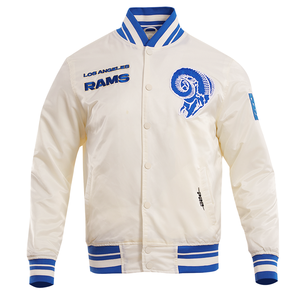 NFL LOS ANGELES RAMS RETRO CLASSIC BLOUSON EN SATIN À BORDS CÔTELÉS POUR HOMME (COQUILLE D'ŒUF/BLEU ROYAL)