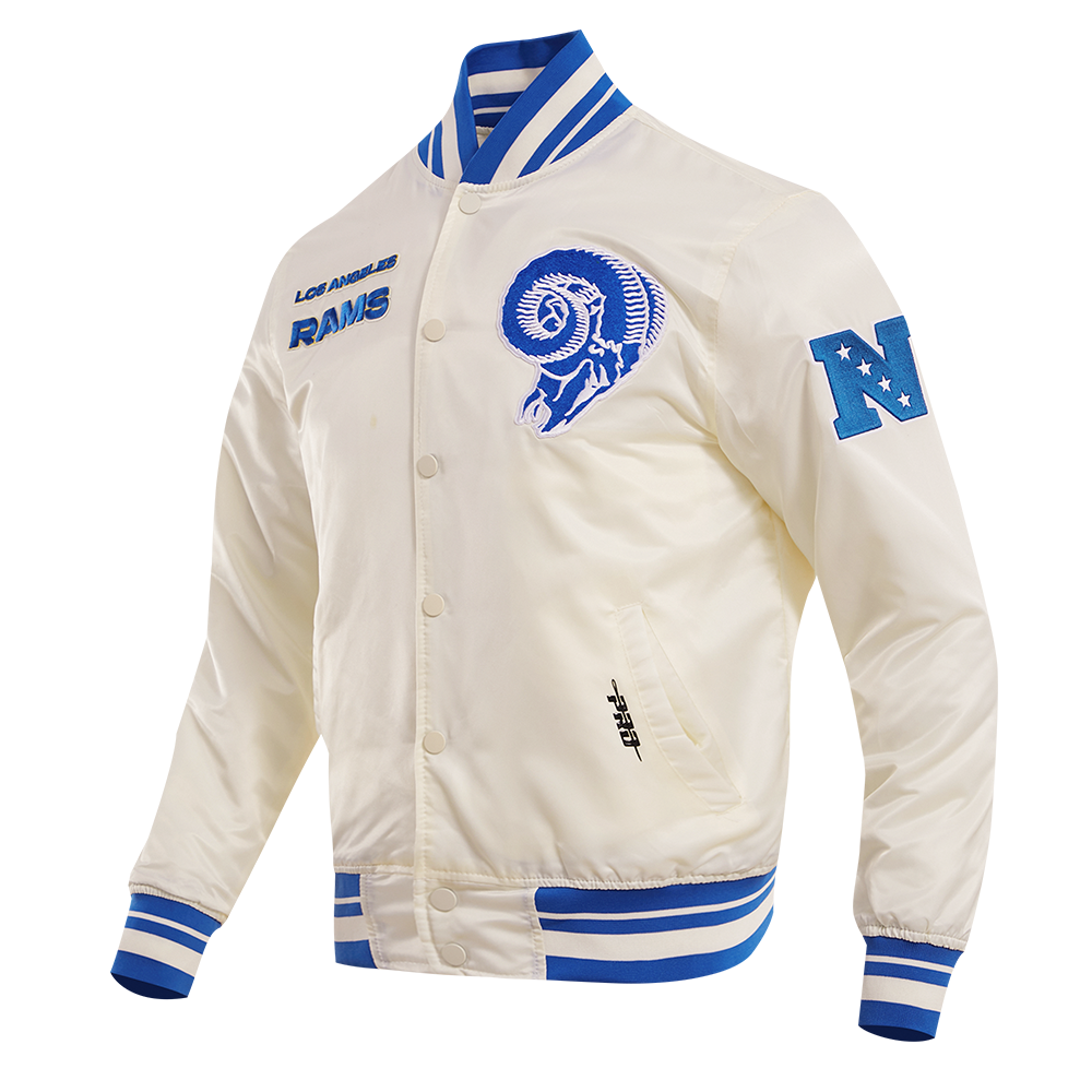 NFL LOS ANGELES RAMS RETRO CLASSIC BLOUSON EN SATIN À BORDS CÔTELÉS POUR HOMME (COQUILLE D'ŒUF/BLEU ROYAL)