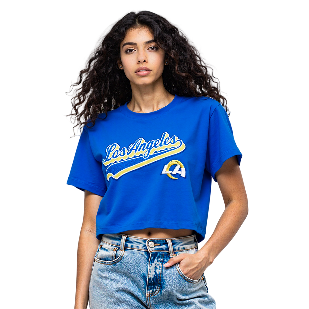 NFL LOS ANGELES RAMS SCRIPT TAIL T-SHIRT EN JERSEY SIMPLE À COUPE CARRÉE POUR FEMME (BLEU ROYAL)