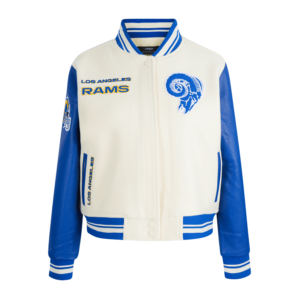 NFL LOS ANGELES RAMS RETRO CLASSIC WOMEN'S RIB WOOL VARSITY JACKET (EGGSHELL/ ROYAL BLUE)