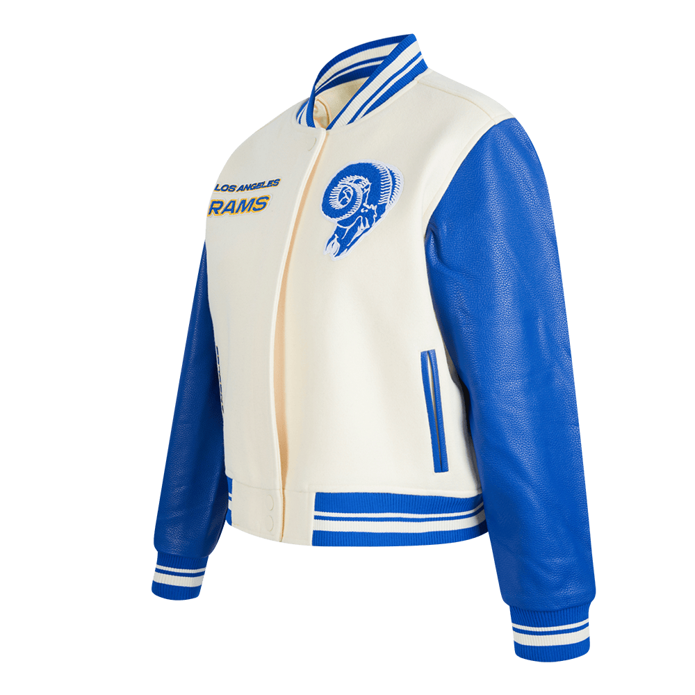 NFL LOS ANGELES RAMS RETRO CLASSIC WOMEN'S RIB WOOL VARSITY JACKET (EGGSHELL/ ROYAL BLUE)