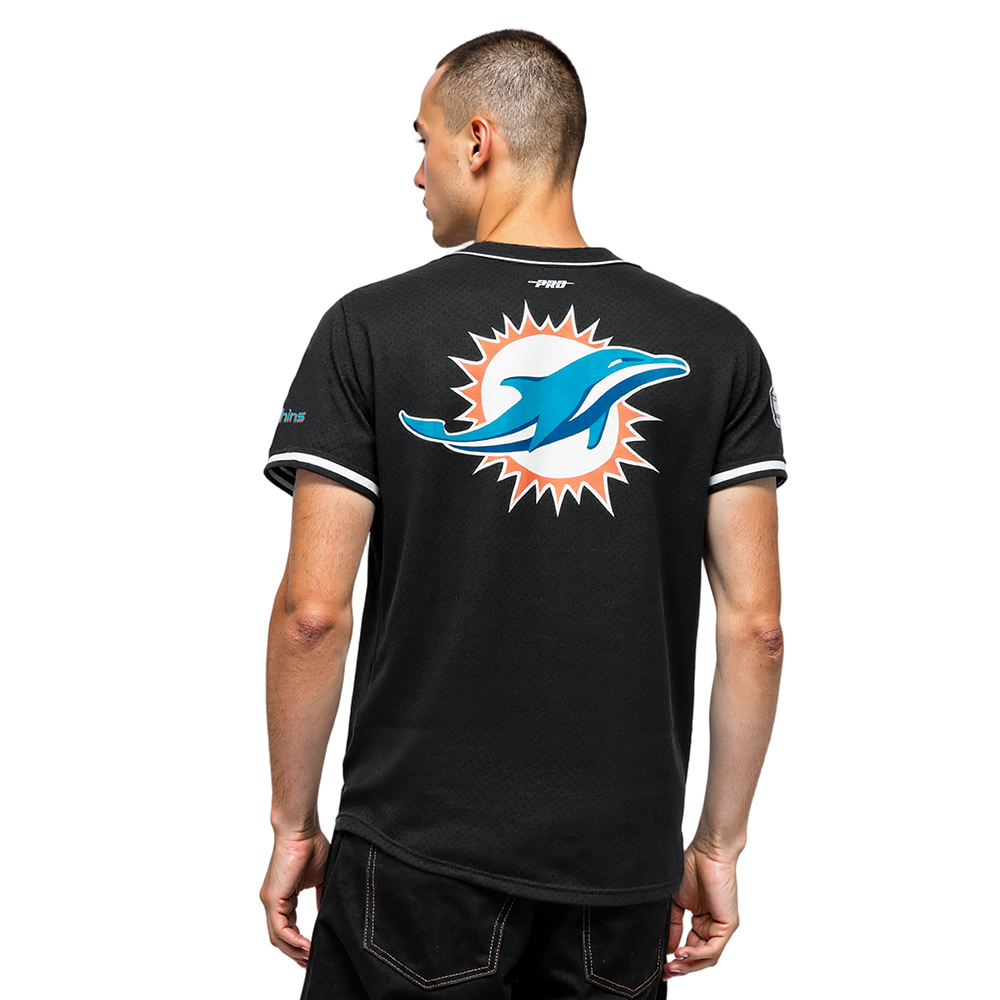 NFL MIAMI DOLPHINS SCRIPT TAIL MEN'S MESH BUTTON DOWN SHIRT (BLACK)