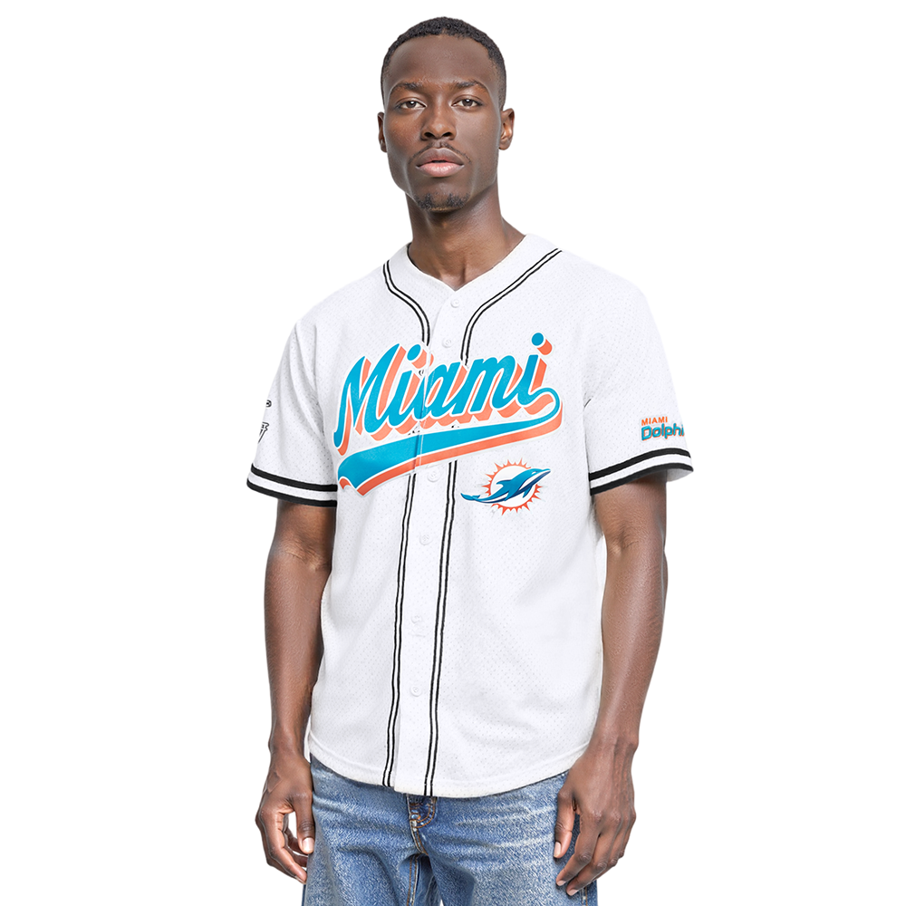 NFL MIAMI DOLPHINS SCRIPT TAIL CHEMISE BOUTONNÉE EN FILET POUR HOMME (BLANC/NOIR/BLANC)