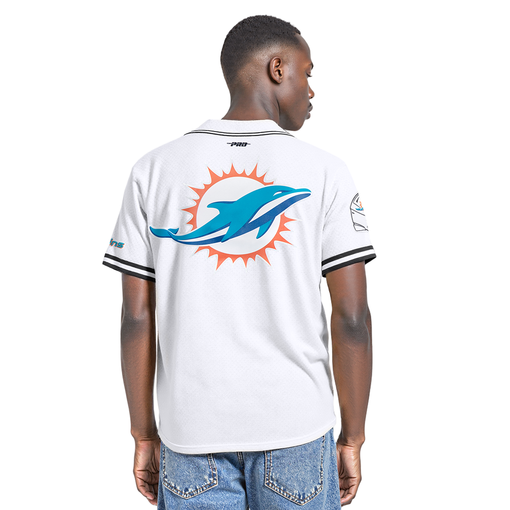 NFL MIAMI DOLPHINS SCRIPT TAIL MEN'S MESH BUTTON DOWN SHIRT (WHITE / BLACK / WHTE)