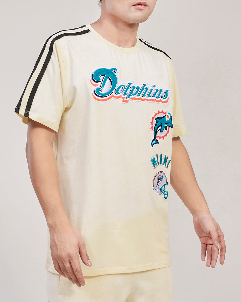 NFL MIAMI DOLPHINS RETRO CLASSIC T-SHIRT À RAYURES POUR HOMME (COQUILLE D'ŒUF/NOIR)