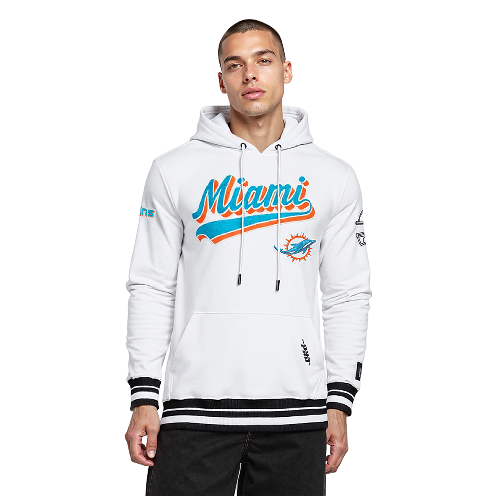 NFL MIAMI DOLPHINS SCRIPT TAIL CHANDAIL À CAPUCHON EN MOLLETON CÔTELÉ POUR HOMME (BLANC/NOIR)