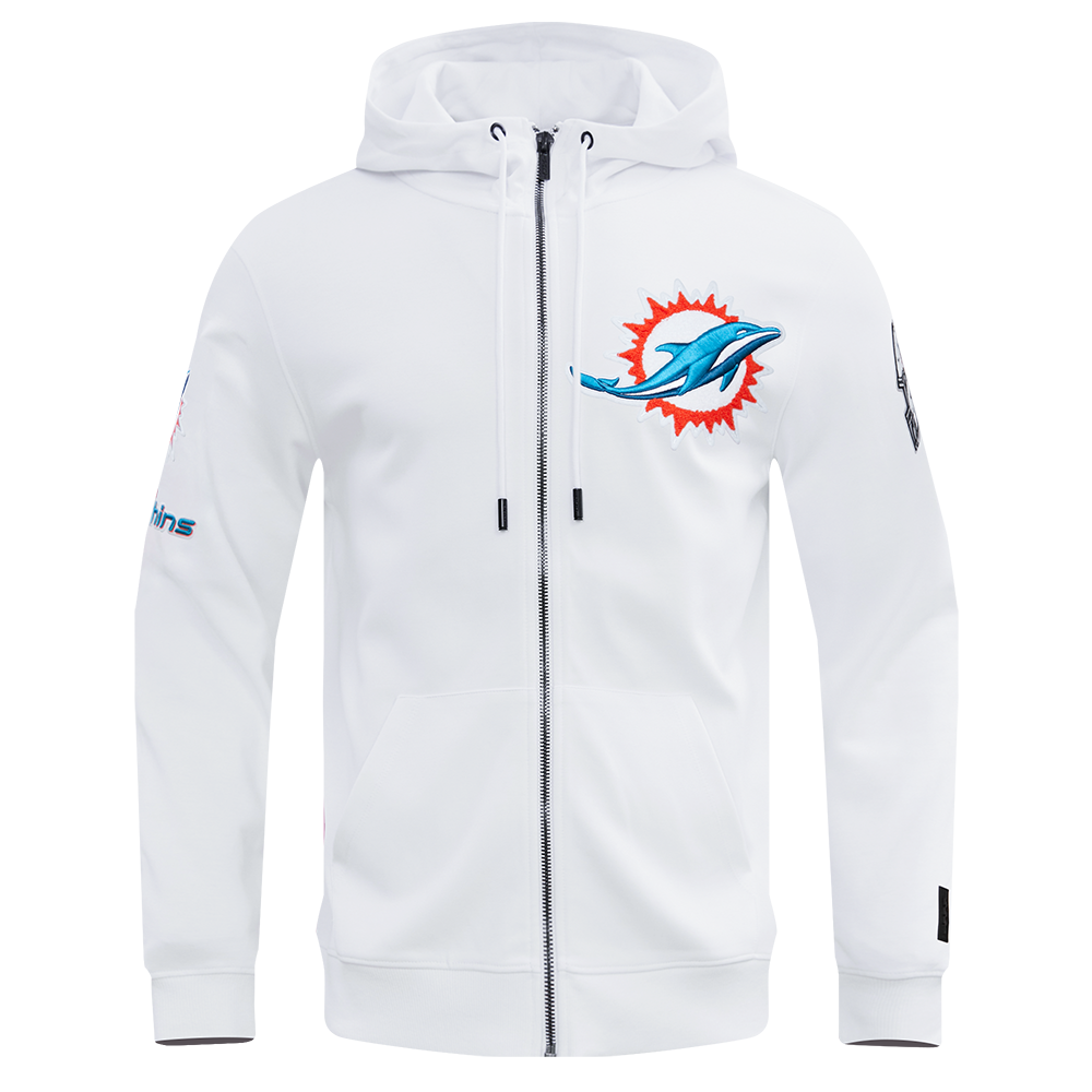 NFL MIAMI DOLPHINS CLASSIC CHENILLE MEN'S DK FULL ZIP PULLOVER HOODIE (WHITE)