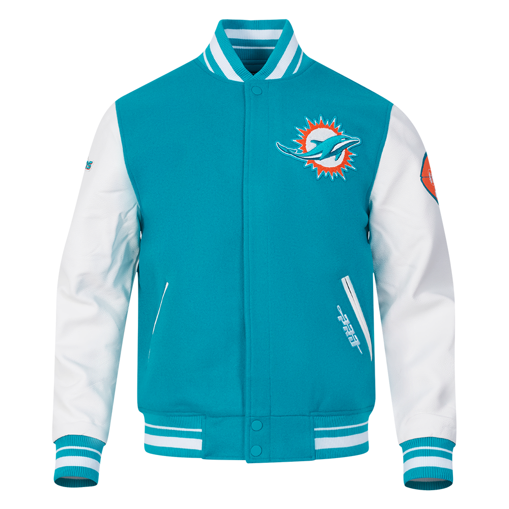 NFL MIAMI DOLPHINS OLD ENGLISH BLOUSON COLLÉGIAL EN LAINE À BORDS CÔTELÉS POUR HOMME (SARCELLE/BLANC)