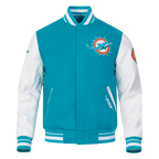 NFL MIAMI DOLPHINS OLD ENGLISH BLOUSON COLLÉGIAL EN LAINE À BORDS CÔTELÉS POUR HOMME (SARCELLE/BLANC)