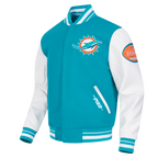 NFL MIAMI DOLPHINS OLD ENGLISH BLOUSON COLLÉGIAL EN LAINE À BORDS CÔTELÉS POUR HOMME (SARCELLE/BLANC)