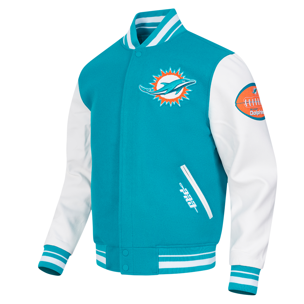 NFL MIAMI DOLPHINS OLD ENGLISH BLOUSON COLLÉGIAL EN LAINE À BORDS CÔTELÉS POUR HOMME (SARCELLE/BLANC)