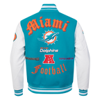 NFL MIAMI DOLPHINS OLD ENGLISH BLOUSON COLLÉGIAL EN LAINE À BORDS CÔTELÉS POUR HOMME (SARCELLE/BLANC)