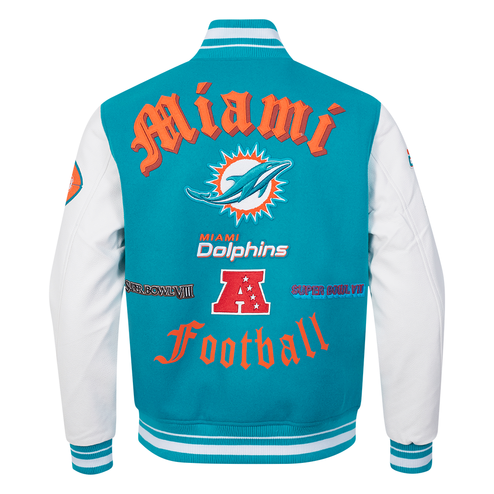 NFL MIAMI DOLPHINS OLD ENGLISH BLOUSON COLLÉGIAL EN LAINE À BORDS CÔTELÉS POUR HOMME (SARCELLE/BLANC)