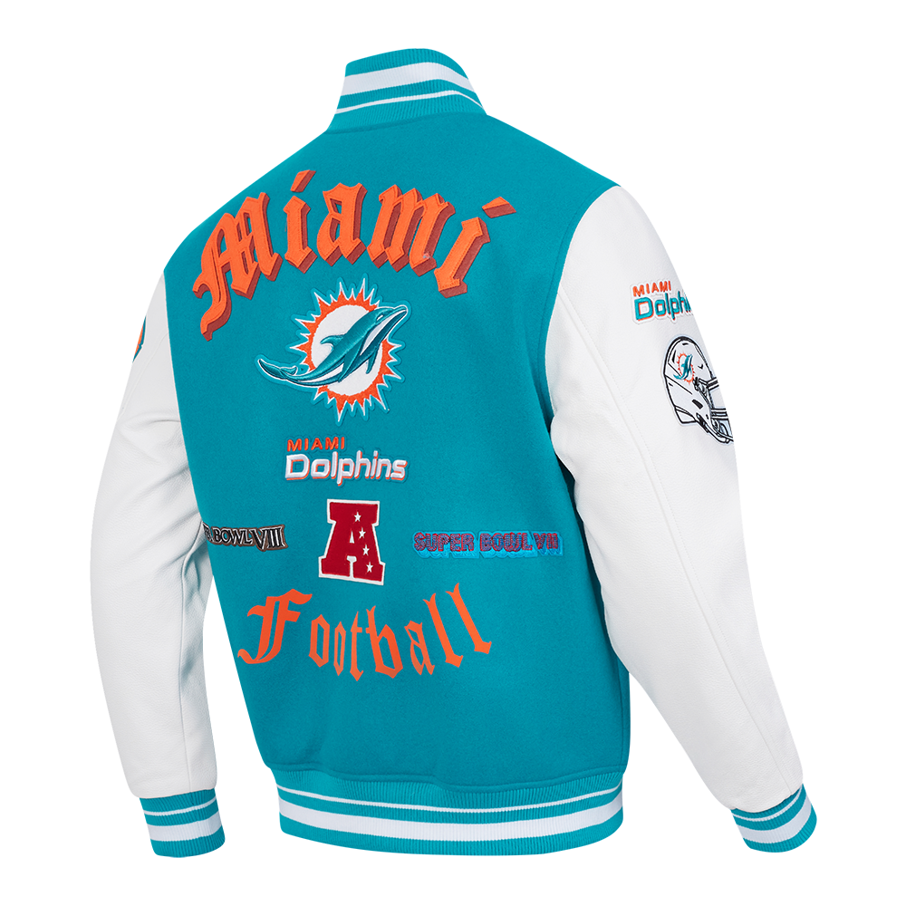 NFL MIAMI DOLPHINS OLD ENGLISH BLOUSON COLLÉGIAL EN LAINE À BORDS CÔTELÉS POUR HOMME (SARCELLE/BLANC)