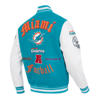 NFL MIAMI DOLPHINS OLD ENGLISH BLOUSON COLLÉGIAL EN LAINE À BORDS CÔTELÉS POUR HOMME (SARCELLE/BLANC)