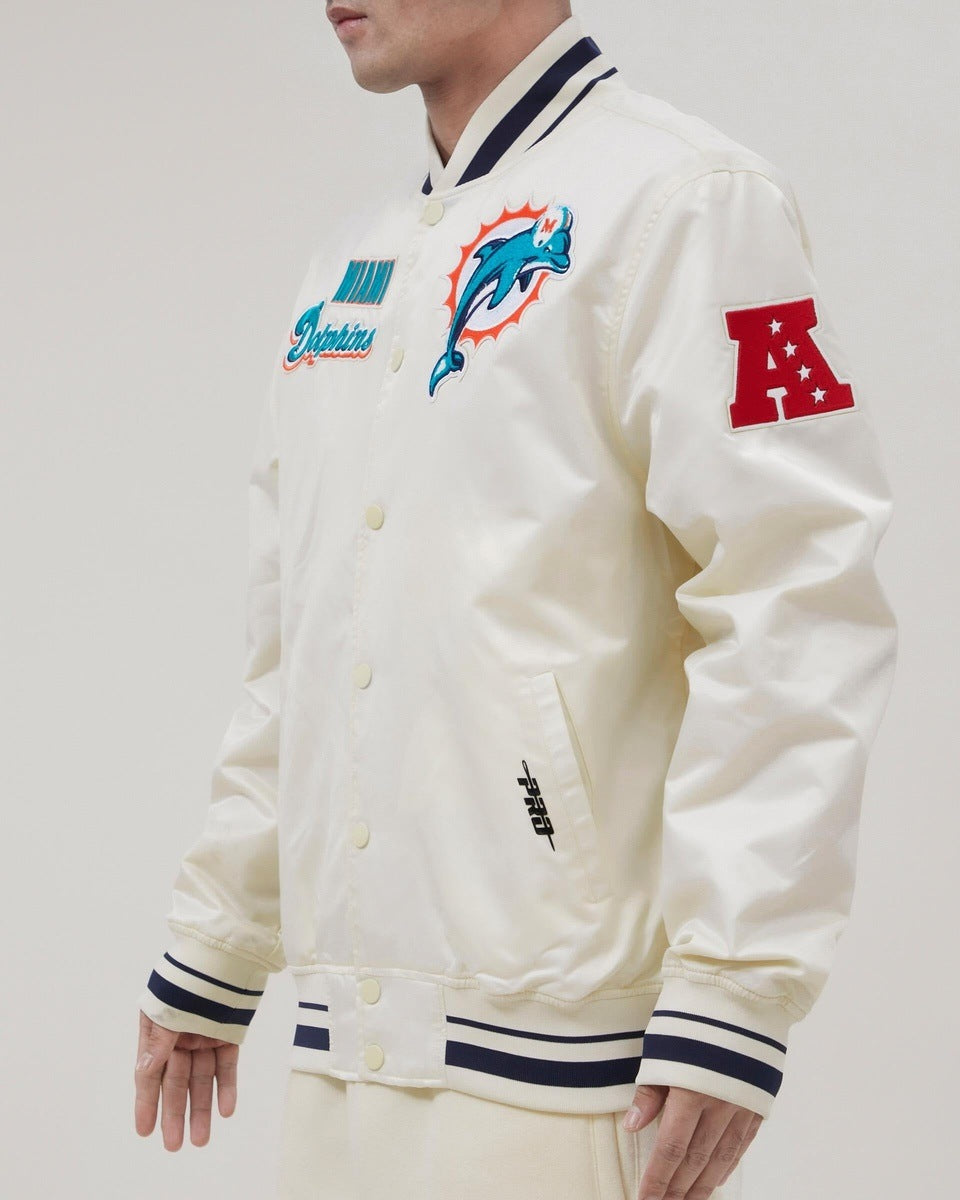 NFL MIAMI DOLPHINS RETRO CLASSIC BLOUSON EN SATIN À BORDS CÔTELÉS POUR HOMME (COQUILLE D'ŒUF/NOIR)